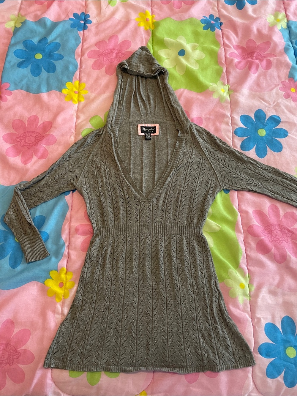 Y2K Bluenotes V-Neck Hooded Pointelle Knit Sweater